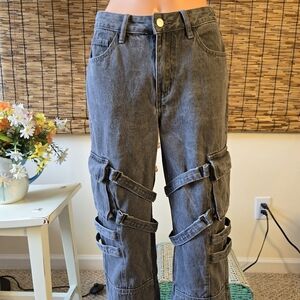 Fashion Nova Gray Strappy Cargo Jeans Leg Straps